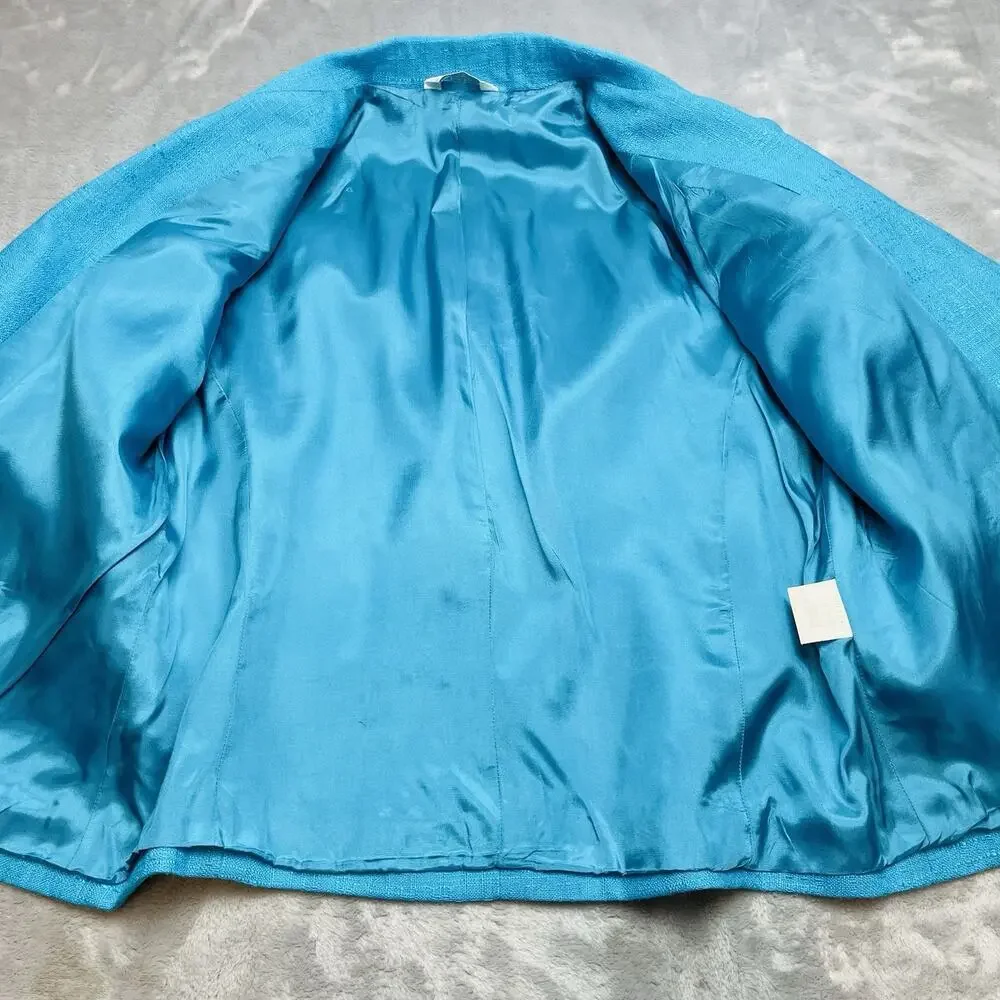 Vintage‎ Gilmor Blazer Jacket Womens 10 Turquoise Rayon Flax Double Breasted